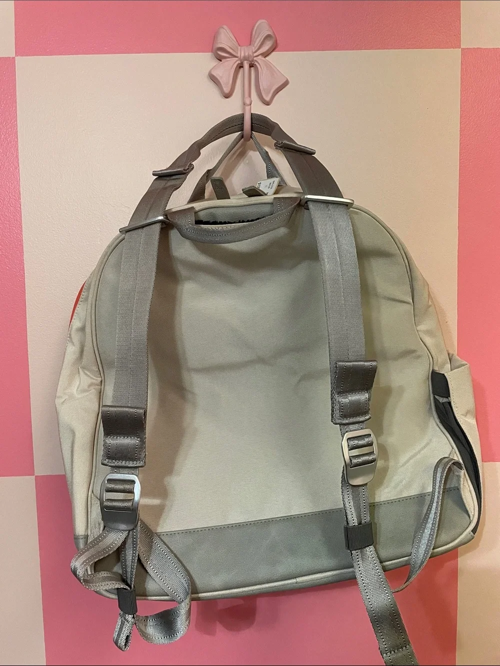 Canvas Backpack Tote in Cream with Gray Trim and Red Zip